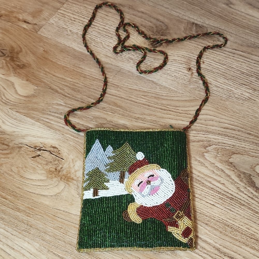Festive Green Red Beaded Mini Crossbody Purse Bag Santa Winter Wonderland